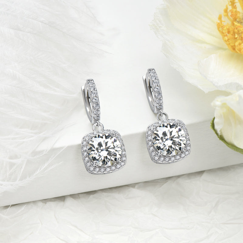925 Silver Women’s Halo Square Earrings with Moissanite 1 ct – GRA Certified