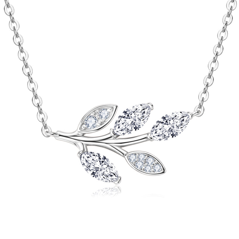 925 Silver Leaf Pendant Necklace with 0.90 ct Marquise Moissanite – GRA Certified