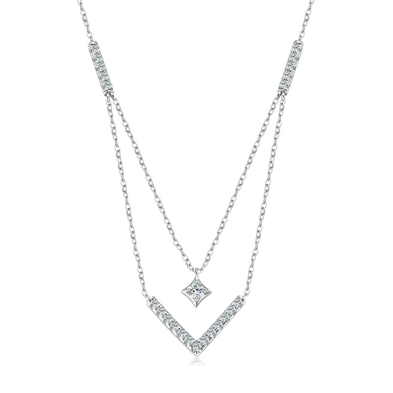 925 Silver V-Shaped Women’s Necklace with 3 mm & 1.8 mm Moissanite – GRA Certified