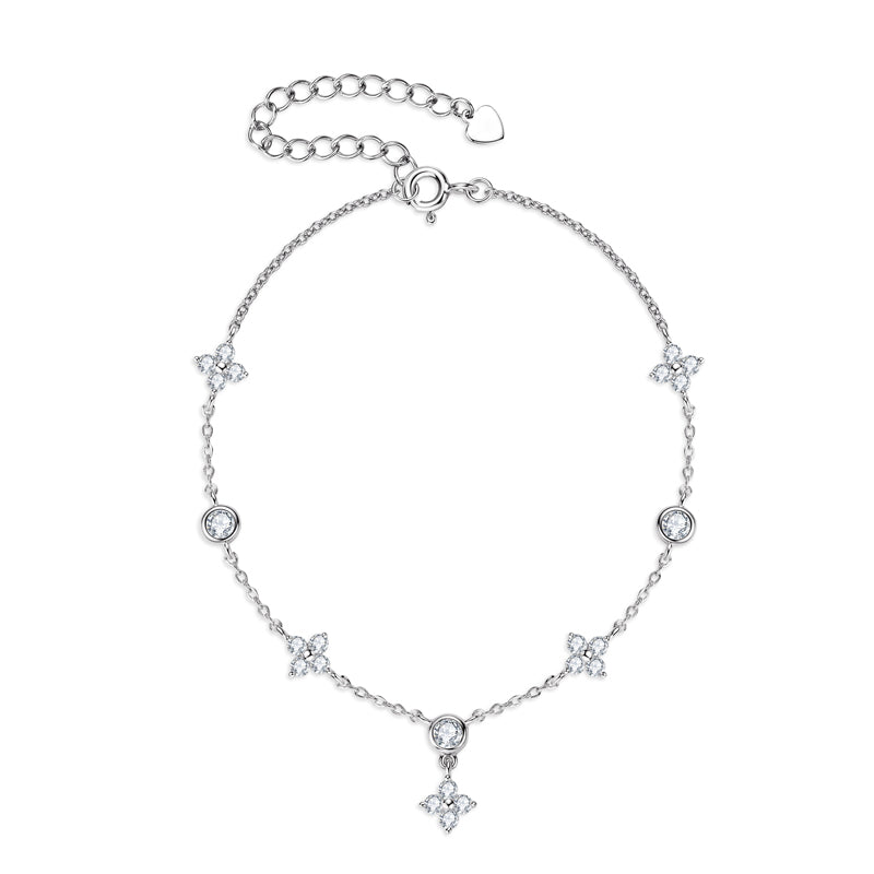 Double-Sided Four-Leaf Clover Bracelet in 925 Sterling Silver – GRA Certified Moissanite