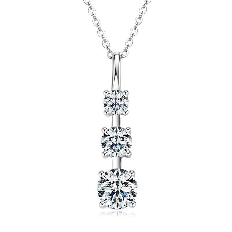 925 Sterling Silver Necklace with 1ct Moissanite – Three-Stone GRA Certified Pendant