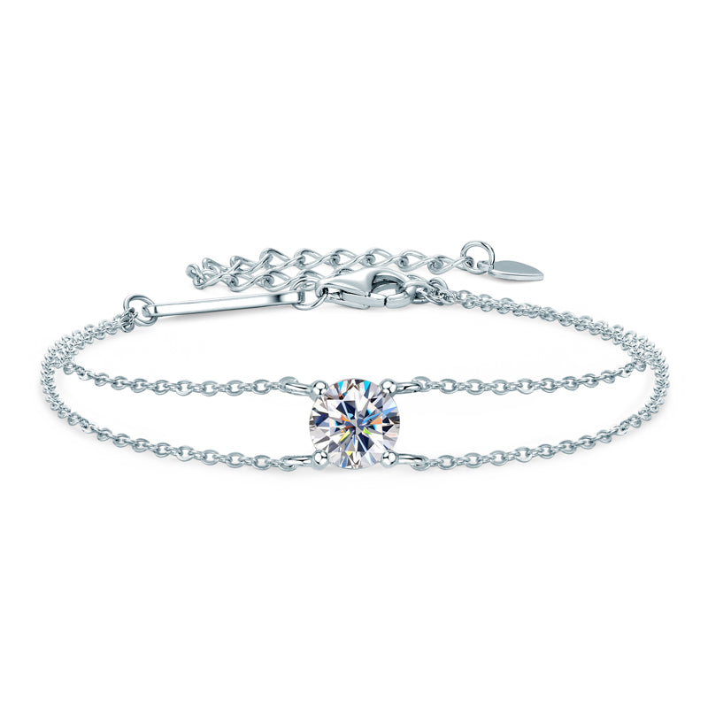 925 Silver Double Chain Bracelet with 1 ct Moissanite – GRA Certified