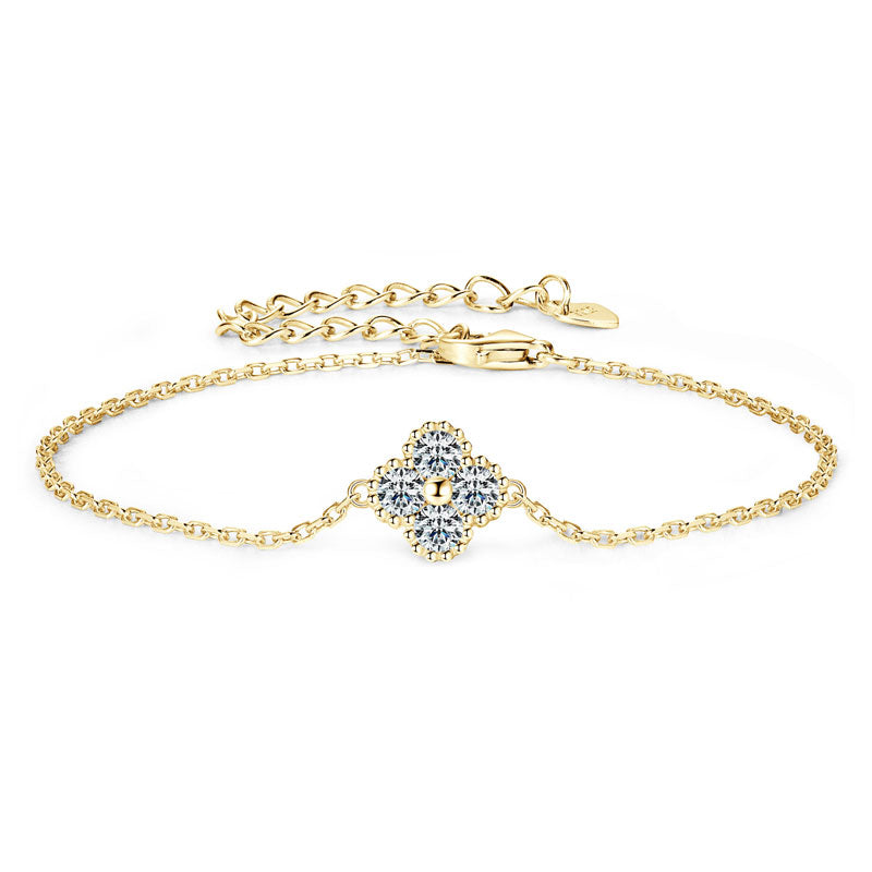 925 Silver Bracelet with GRA Certified Moissanite – Adjustable Chain with Lucky Clover Design