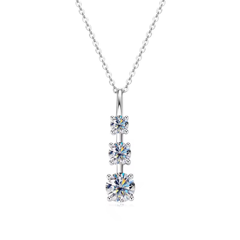 925 Sterling Silver Necklace with 1ct Moissanite – Three-Stone GRA Certified Pendant