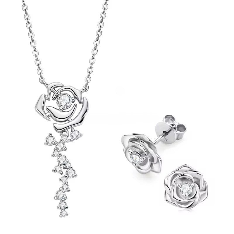 925 Silver Rose Pendant Necklace & 6.5 mm Moissanite Earrings Set – GRA Certified