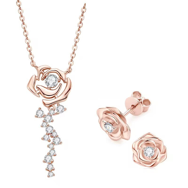 925 Silver Rose Pendant Necklace & 6.5 mm Moissanite Earrings Set – GRA Certified