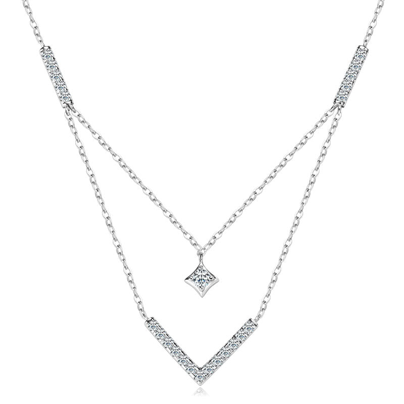 925 Silver V-Shaped Women’s Necklace with 3 mm & 1.8 mm Moissanite – GRA Certified
