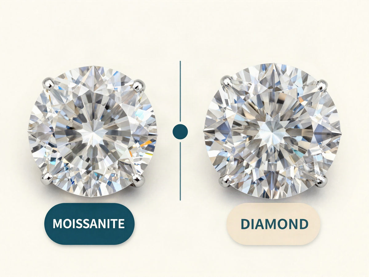 Moissanite and diamond compared side by side — moissanite has more fire than a diamond